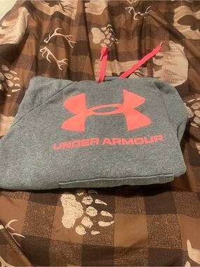 Under Armour Heather Gray Hoodie with Coral Logo and Drawstrings